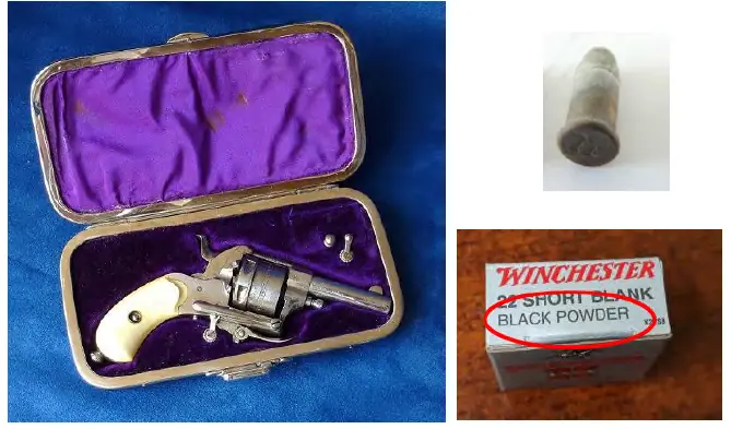 Puppy .22'' rimfire en étui à cigares et sa munition en .22 court à percussion annulaire.